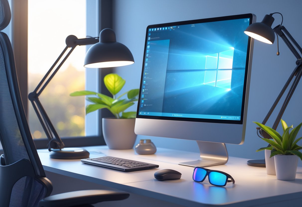 A workspace with a computer monitor, desk lamp, blue light glasses, plant, and chair in a well-lit room designed to reduce eye strain.