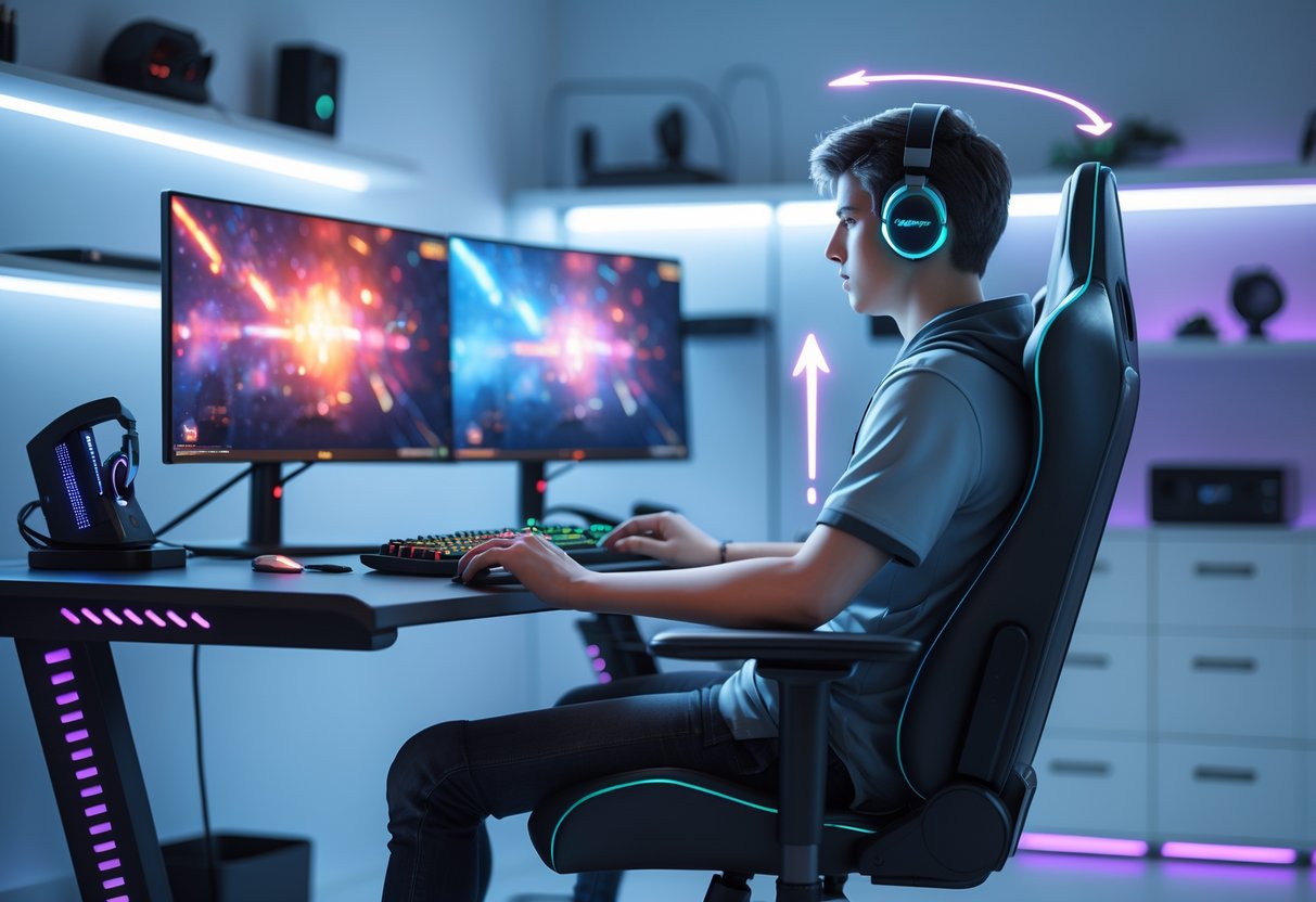 A person sitting correctly at a gaming desk with a straight back and relaxed shoulders, using a computer with gaming equipment around them.