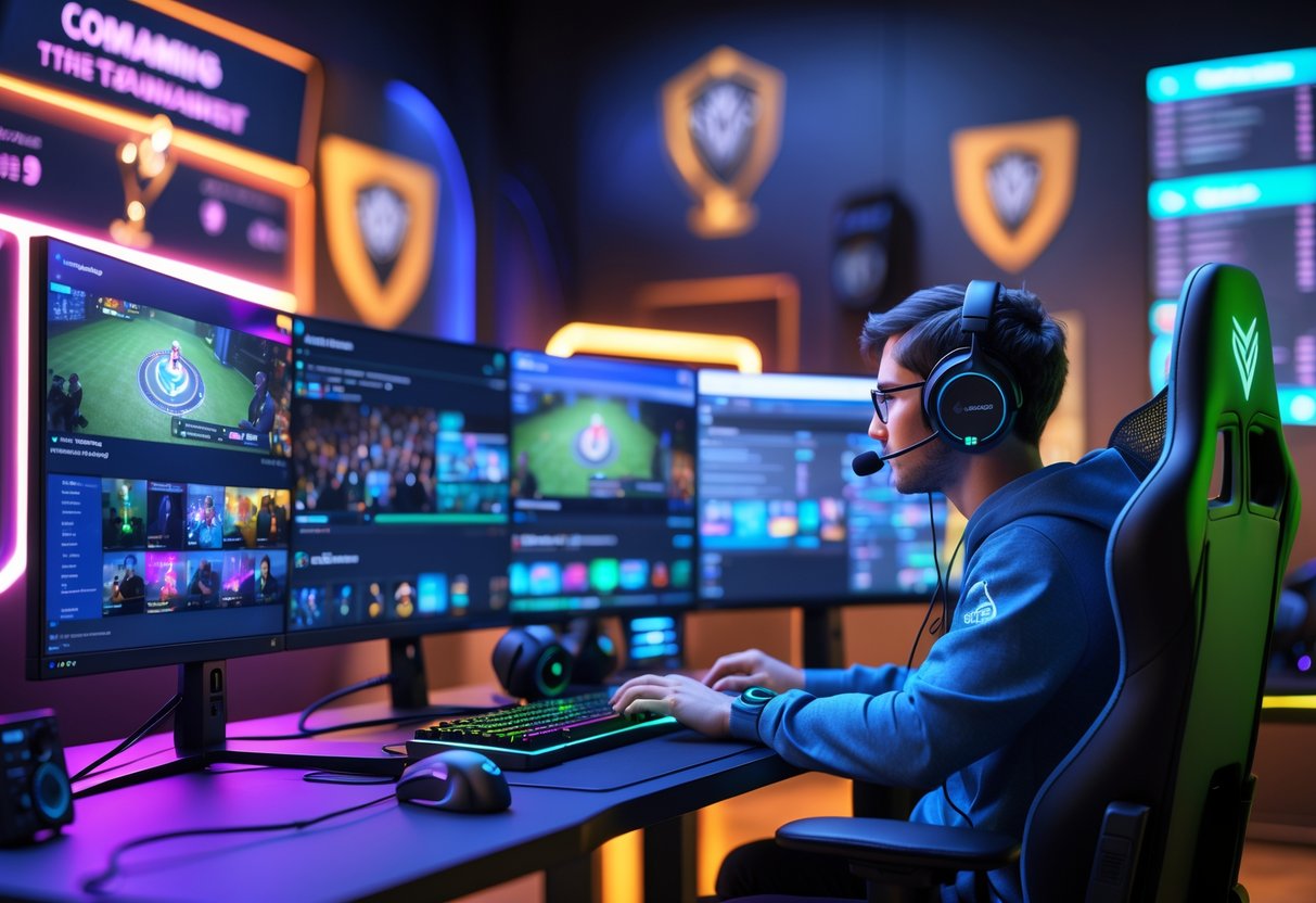 A person streaming a gaming tournament with multiple monitors showing gameplay and chat, surrounded by gaming equipment and tournament decorations.