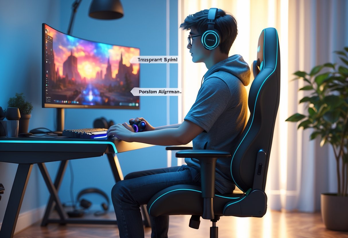 A person sitting at a gaming desk with perfect posture, using a game controller, supported by an ergonomic chair in a tidy room.