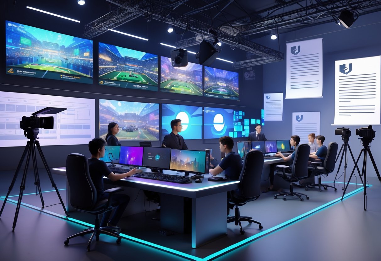 A broadcasting studio with screens showing esports gameplay, cameras, and staff working at control desks surrounded by legal symbols representing broadcasting rights.