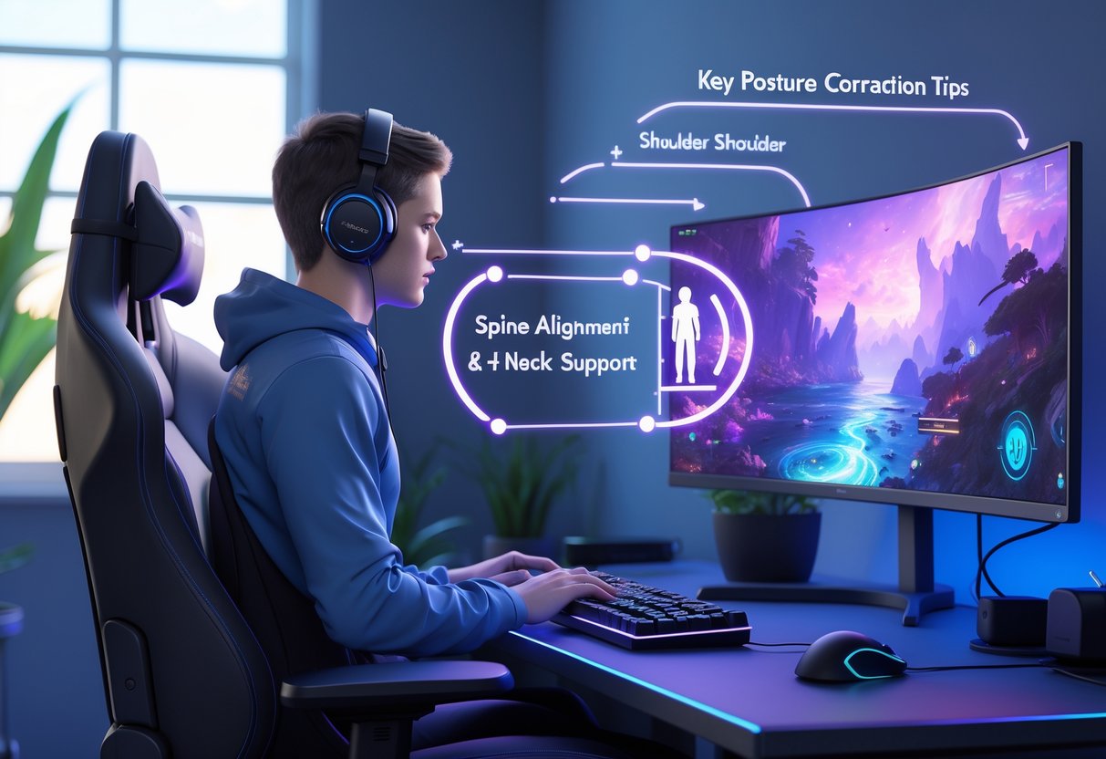 A person sitting with correct posture in an ergonomic gaming chair at a desk with a curved monitor showing a game, with holographic graphics highlighting posture tips in a well-lit gaming room.