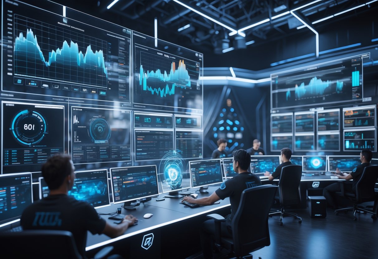 A control room with people analysing tournament data and viewer statistics on multiple digital screens while managing live game streams.