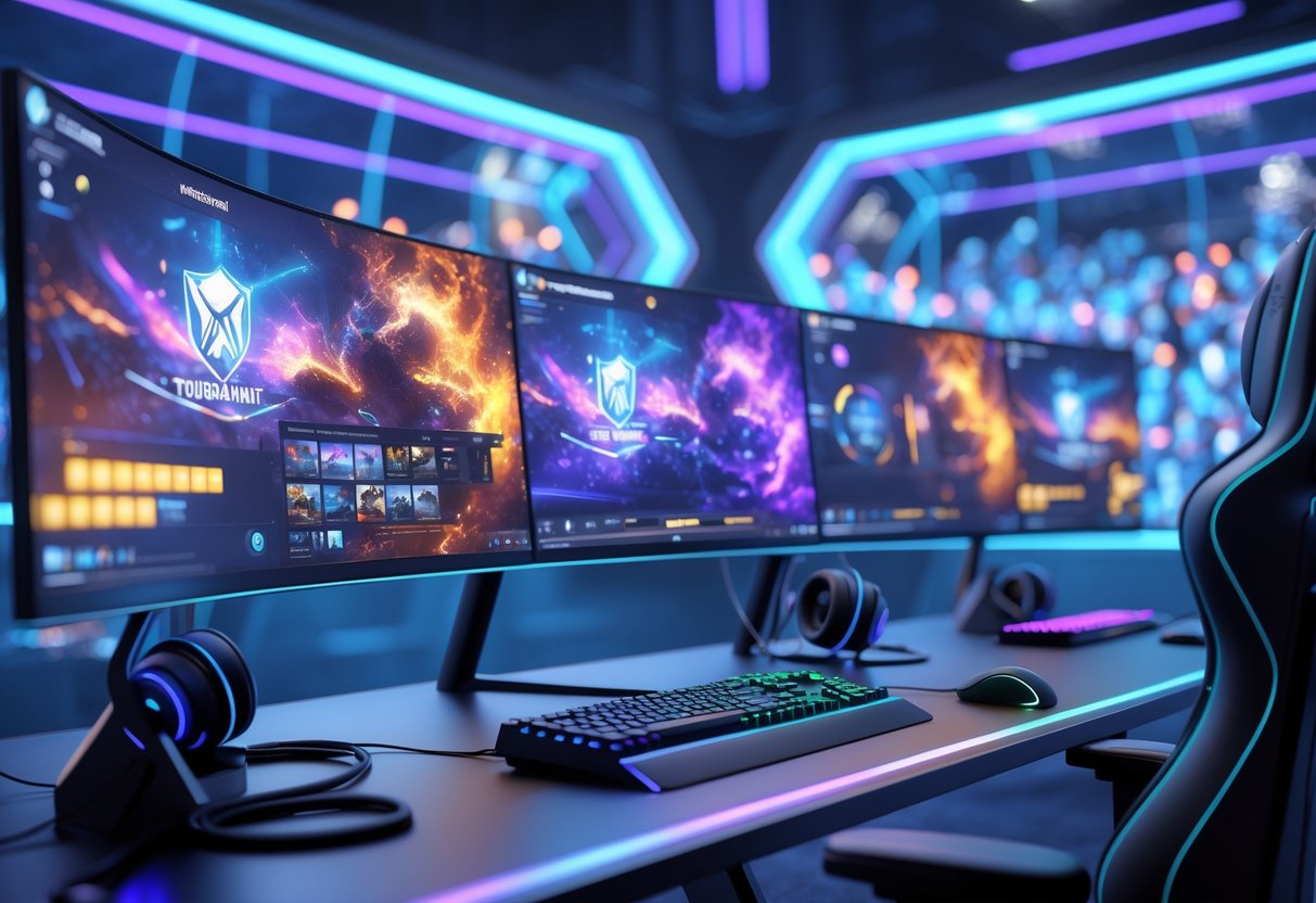 A 3D scene showing a gaming streaming setup with multiple monitors, streaming equipment, and a futuristic studio environment with a crowd in the background.