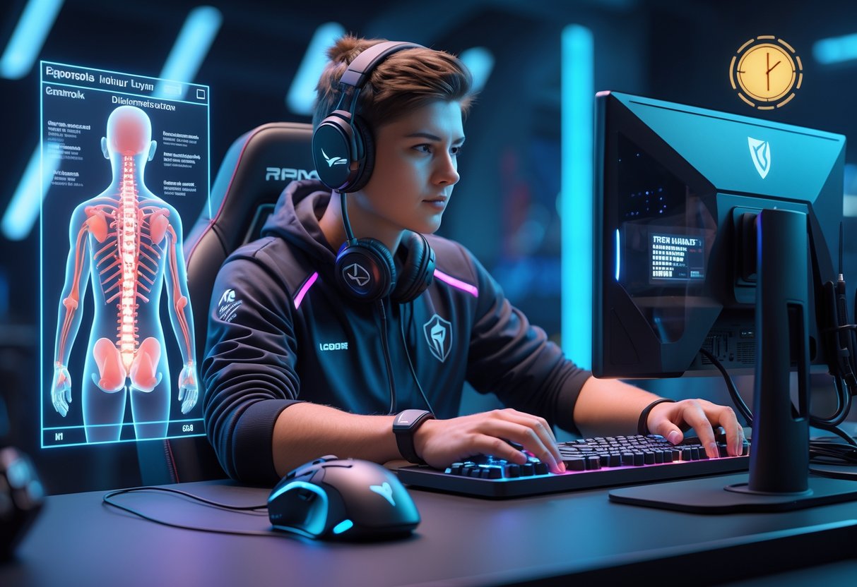 A professional esports player at a gaming desk with highlighted areas showing common injuries and visuals of posture, wrist braces, and stretching exercises for injury prevention.