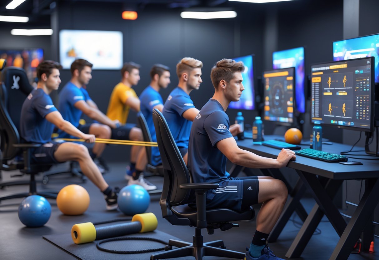 Esports players performing physical exercises near their gaming stations to prevent injuries.
