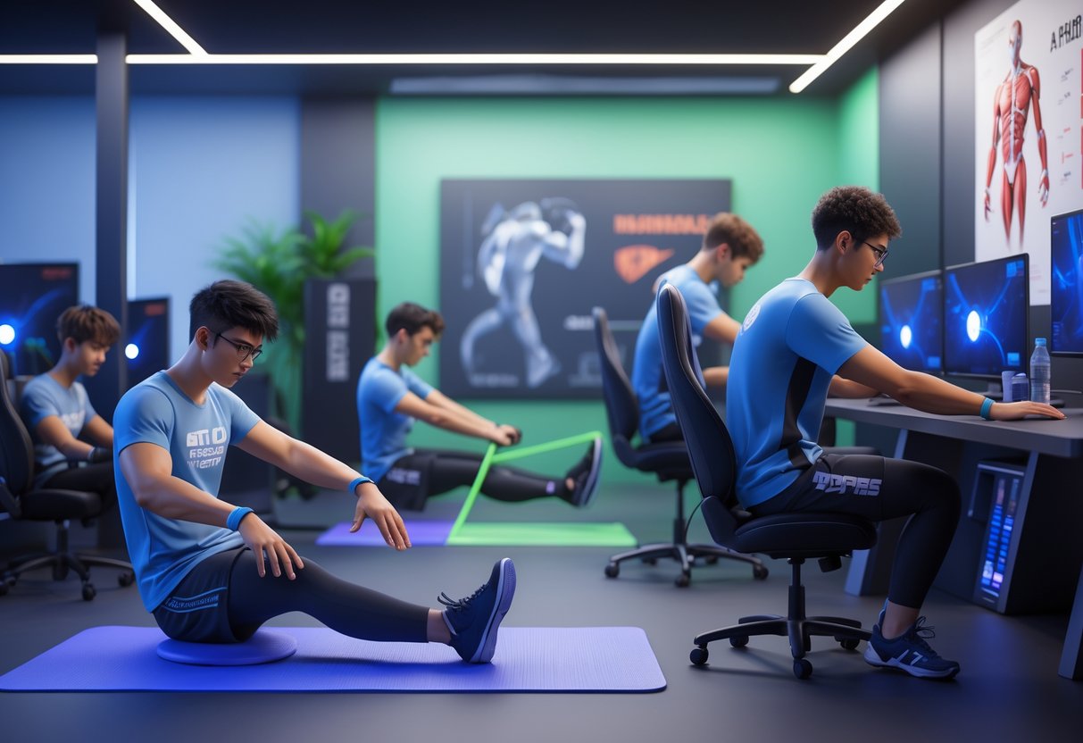 A group of esports players doing stretching and mobility exercises in a training room with gaming equipment.