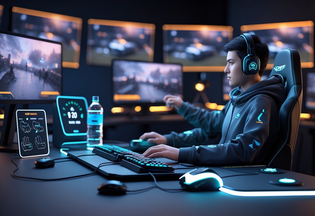 A gamer sitting in an ergonomic chair at a gaming desk with multiple monitors, using a keyboard and mouse, surrounded by items promoting breaks and injury prevention like a water bottle and a stretch guide.