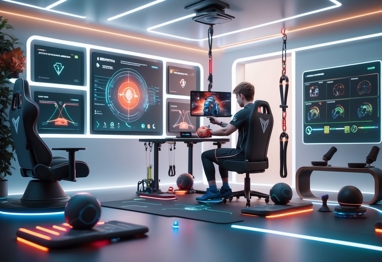 A young esports player receiving physical therapy in a modern rehabilitation room with a therapist and advanced equipment designed to prevent injuries.