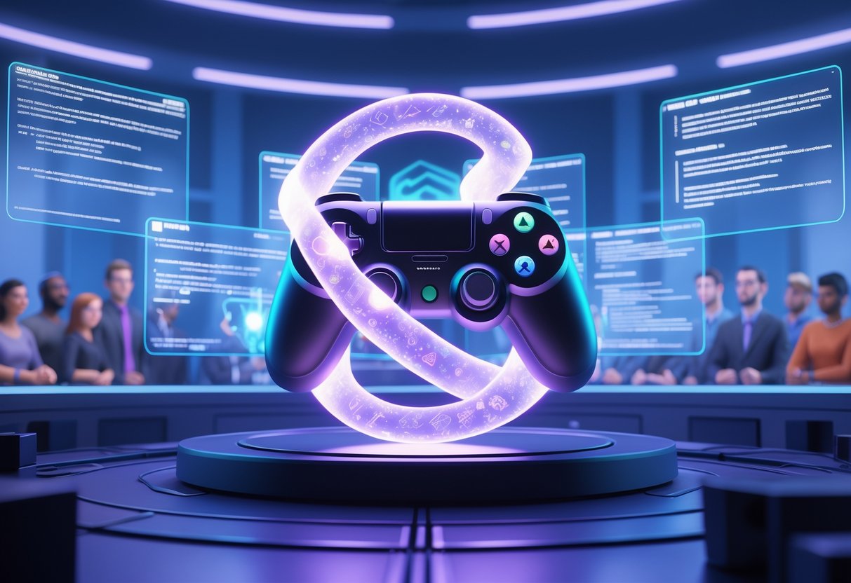 A digital courtroom with a holographic video game controller and copyright symbol, surrounded by floating panels and people observing the scene.