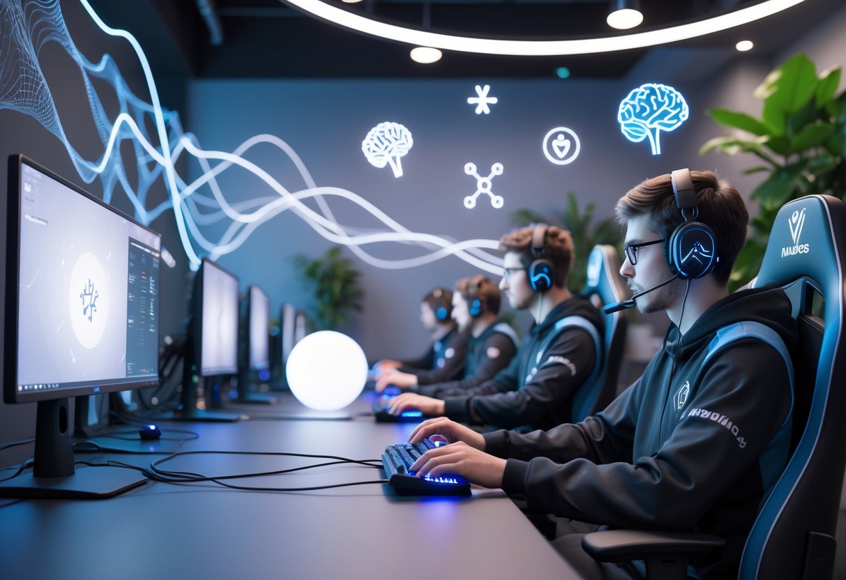 A group of gamers playing at ergonomic stations with calming light effects and symbols representing mental wellness in a comfortable esports environment.