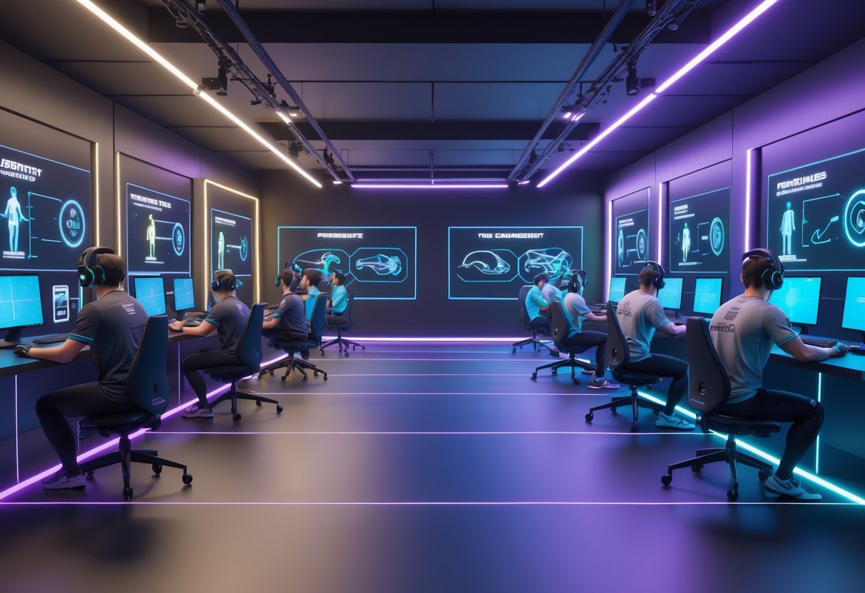 A futuristic esports training room showing players performing injury prevention exercises with holographic displays highlighting posture and stretches.
