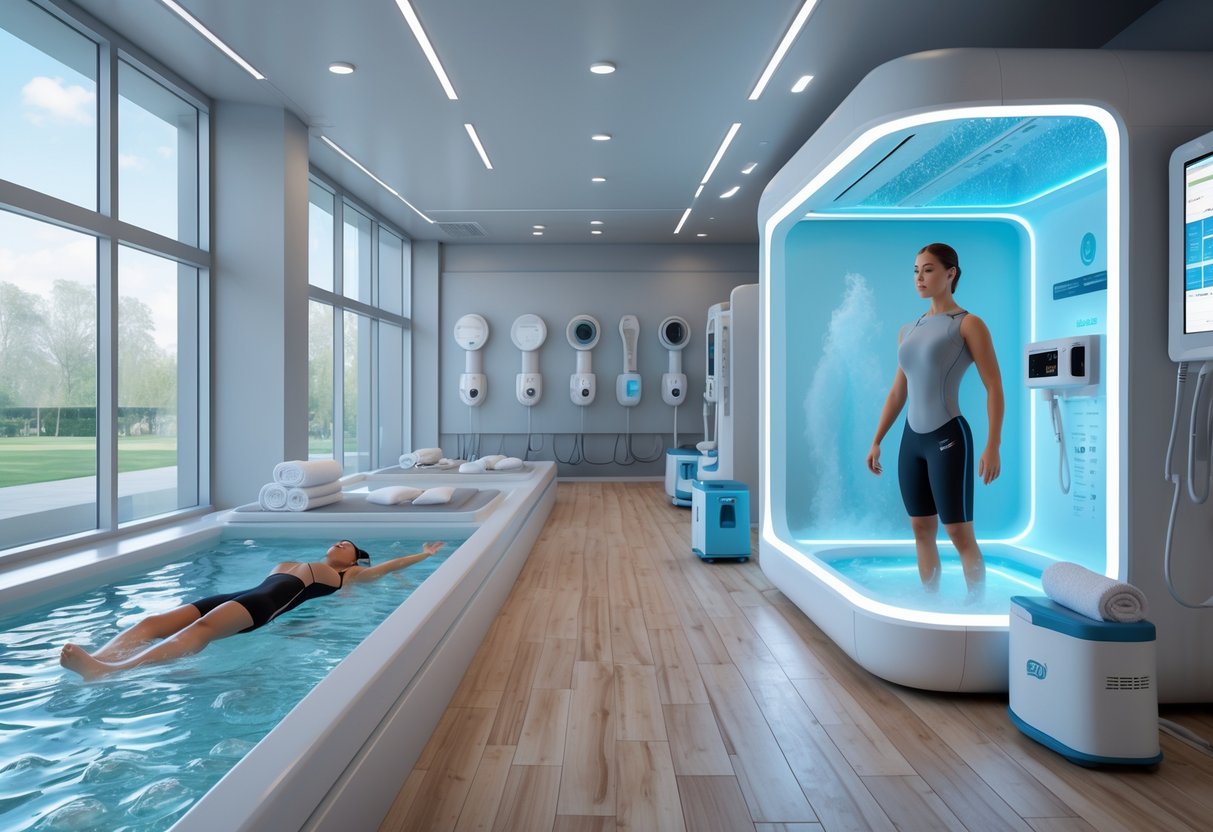 A sports recovery room with an athlete in a hydrotherapy pool and another in a cryotherapy chamber surrounded by cold mist.