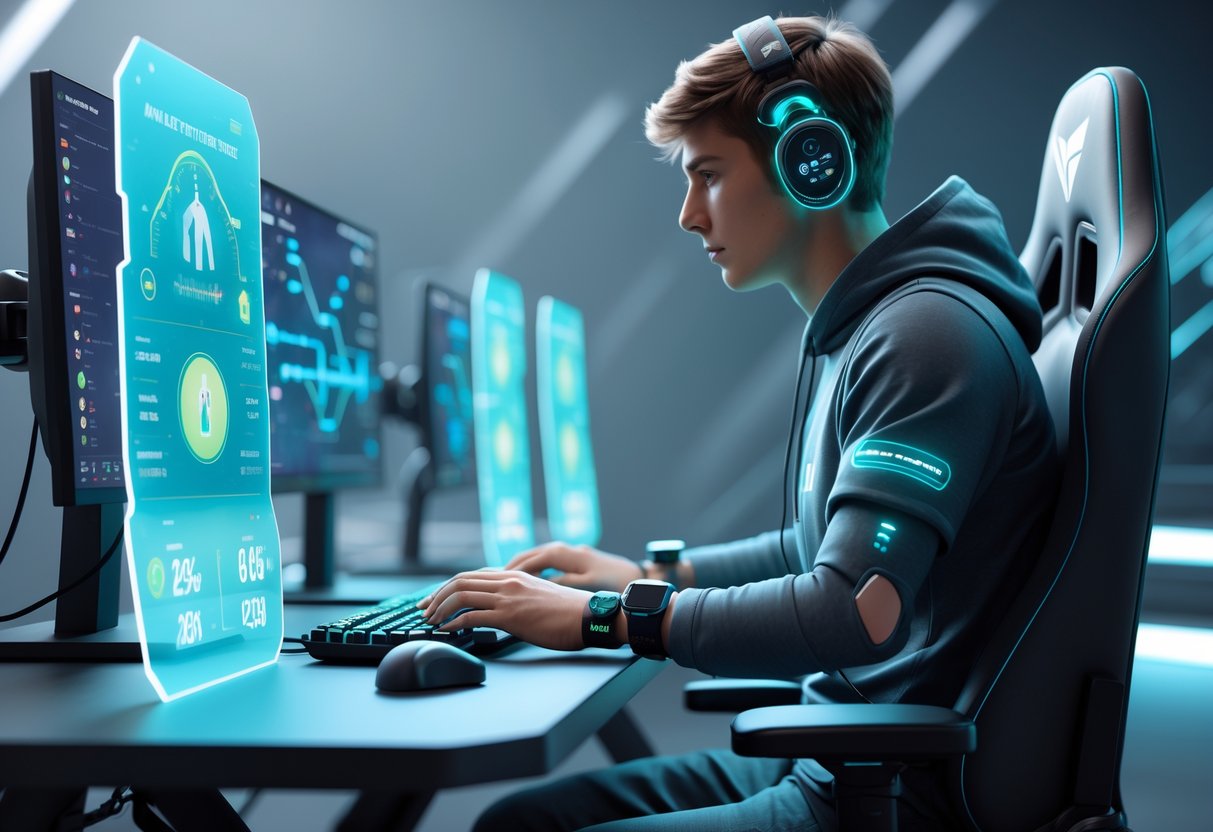 An esports player sitting at a gaming station with ergonomic supports and wearable devices, surrounded by floating data panels showing performance and injury risk information.