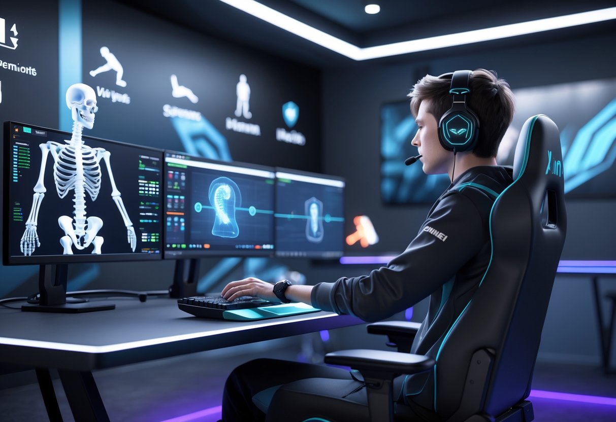 A gamer sitting in an ergonomic chair using a multi-monitor gaming setup with digital visuals showing injury prevention elements like skeleton joints, stretching icons, and hydration symbols.