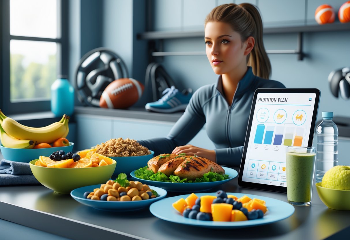 An athlete sitting at a kitchen counter with healthy foods and drinks arranged for recovery between matches, including fruits, grilled chicken, a smoothie, and a water bottle, with sports gear visible in the background.