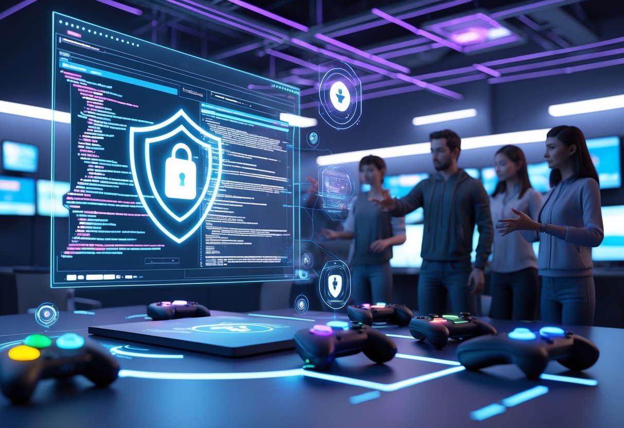 A group of game developers interacting with holographic legal documents and gaming icons in a modern office environment.