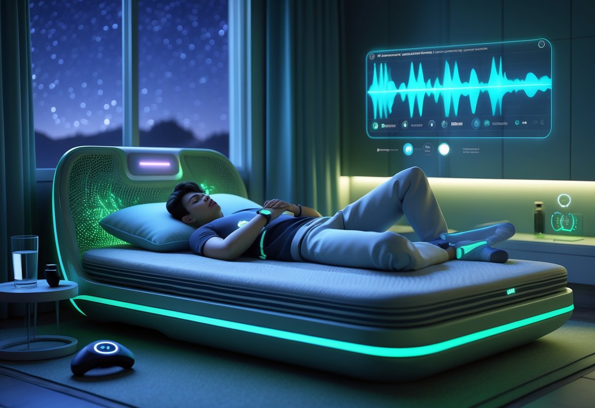 A young athlete resting peacefully on a modern bed in a softly lit bedroom with calming lights and a night sky visible through large windows.