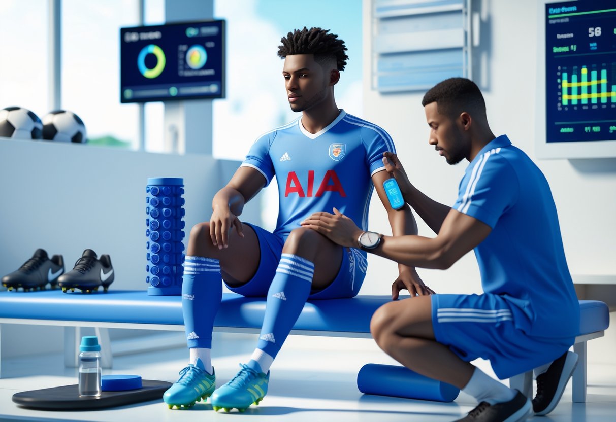 A footballer receiving physiotherapy and using recovery equipment in a sports rehabilitation centre.