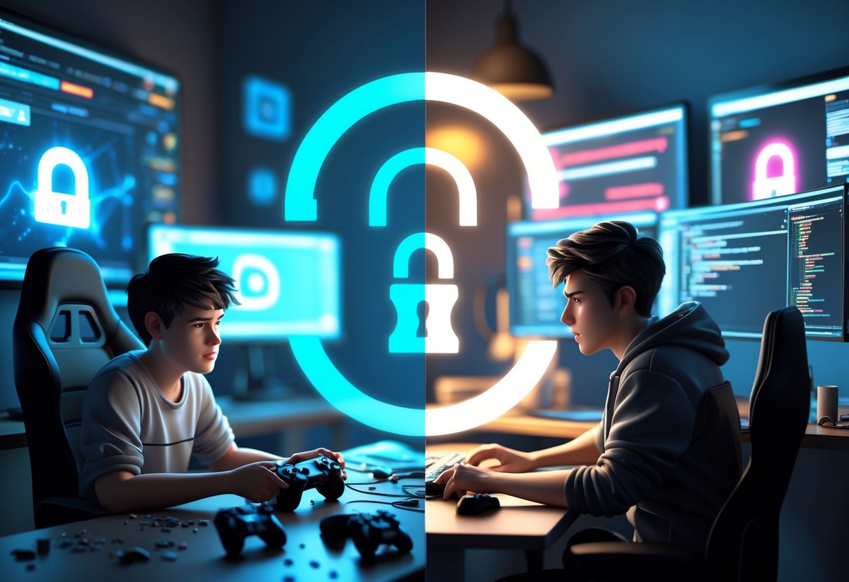 A scene showing a frustrated gamer and a stressed developer separated by a digital lock and copyright symbols, representing the impact of DMCA abuse on gaming.