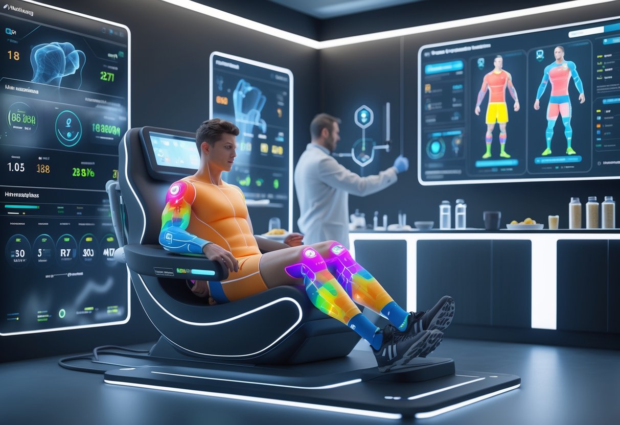 An athlete sitting in a recovery chair with sensors attached, surrounded by holographic screens showing health data, while a therapist adjusts recovery plans in a high-tech lab.