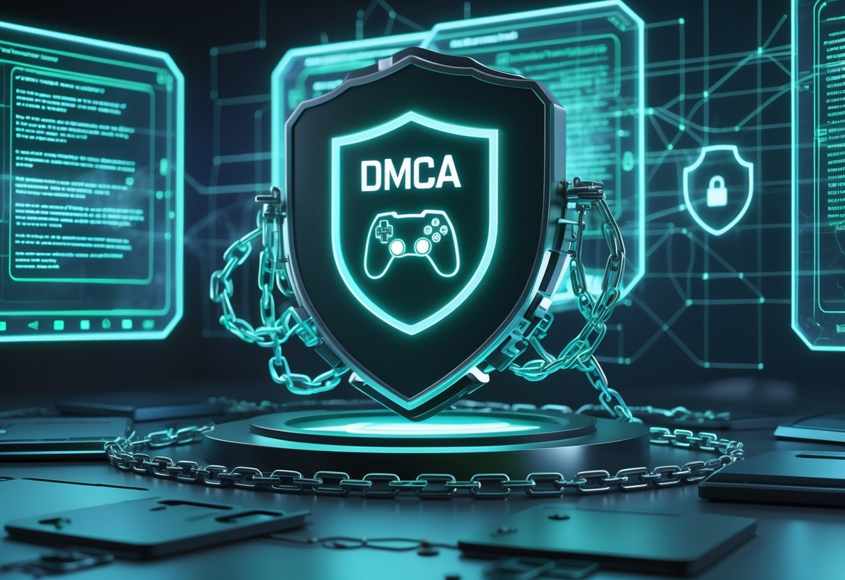 A futuristic digital security room with holographic screens showing code and shields protecting a gaming controller symbol.