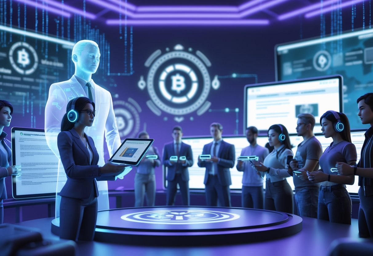 A futuristic digital courtroom with copyright holders and gamers facing each other, surrounded by holographic screens showing gaming and copyright symbols.
