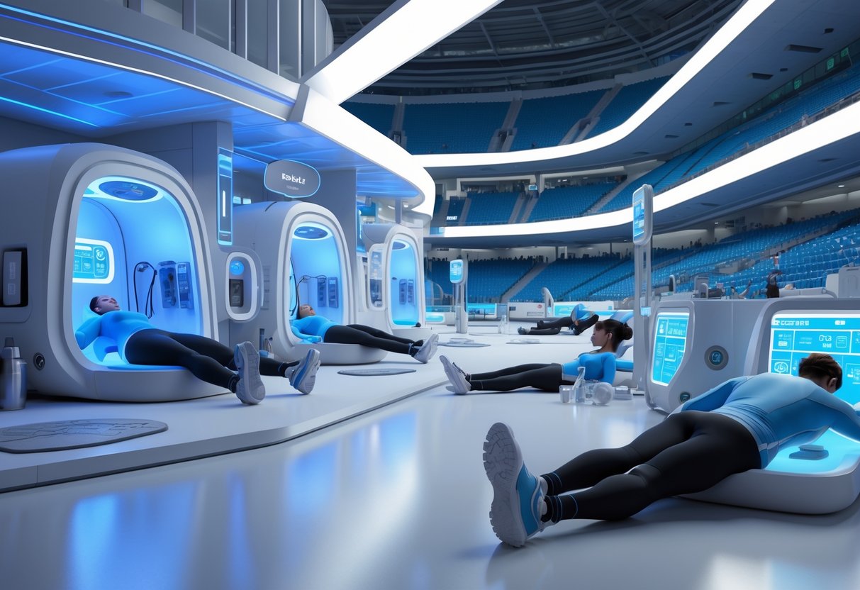 A sports arena recovery zone where athletes rest and use advanced recovery equipment between matches.
