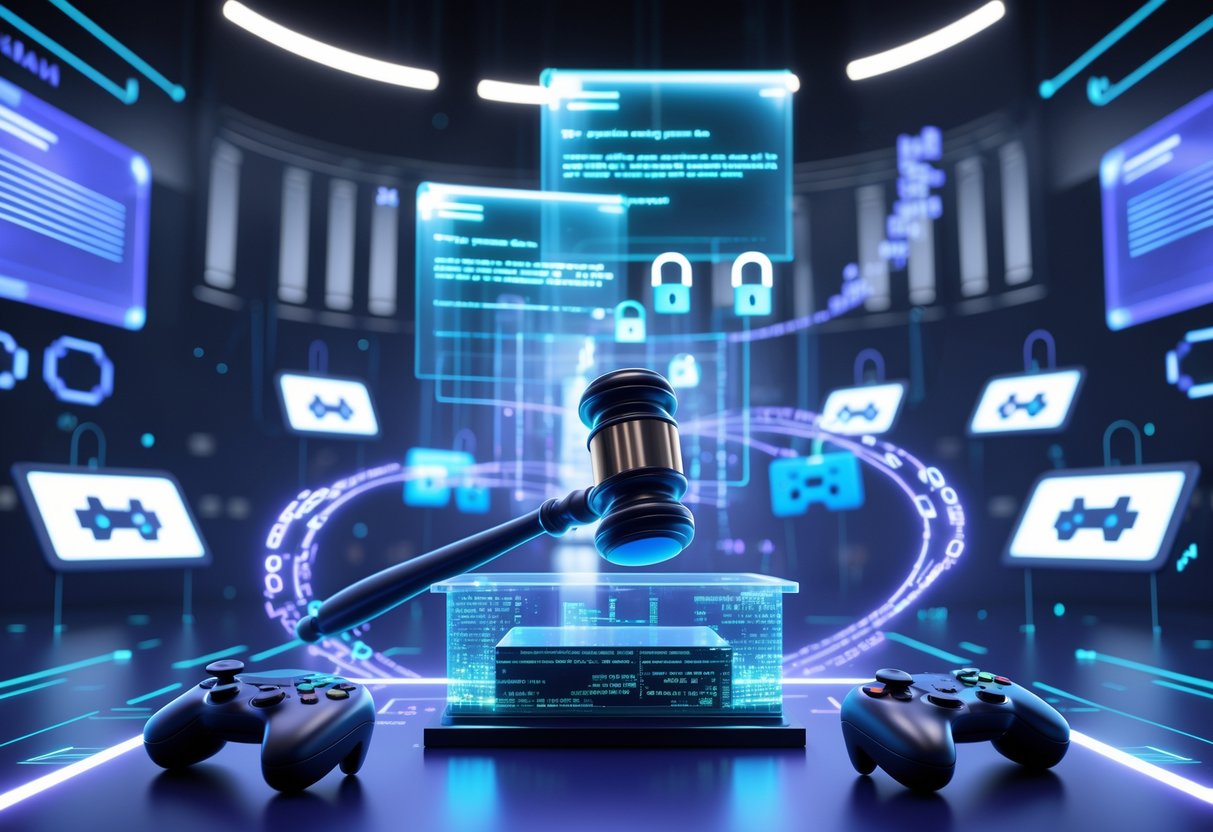 A digital courtroom scene with a glowing gavel, floating game controllers, pixelated characters, and streams of binary code representing legal and technological aspects of gaming and digital rights.