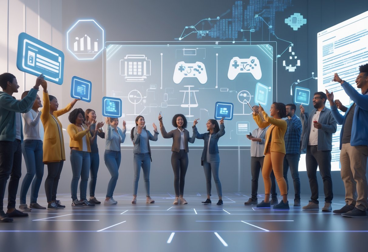 A group of people gathered outdoors holding digital symbols related to gaming and copyright, standing together in a city environment.