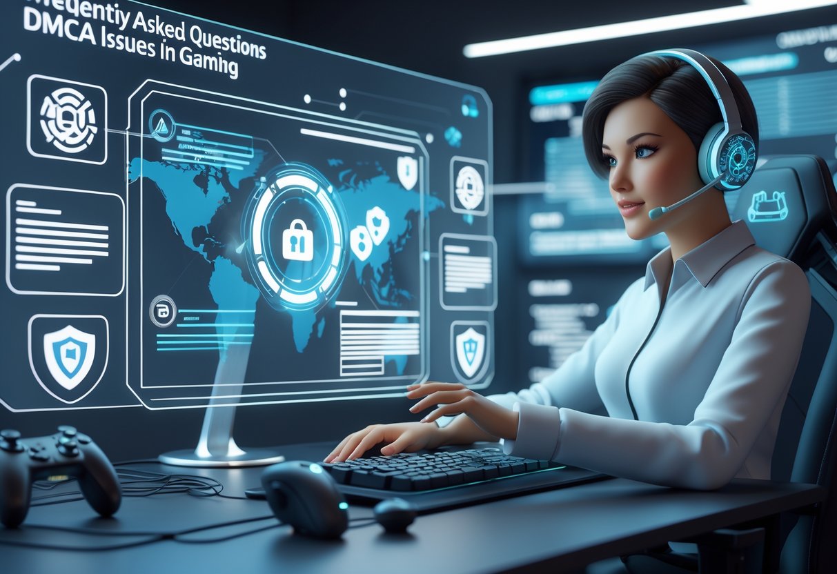 A 3D scene showing a virtual assistant interacting with holographic icons about gaming and copyright protection in a futuristic digital help desk environment.