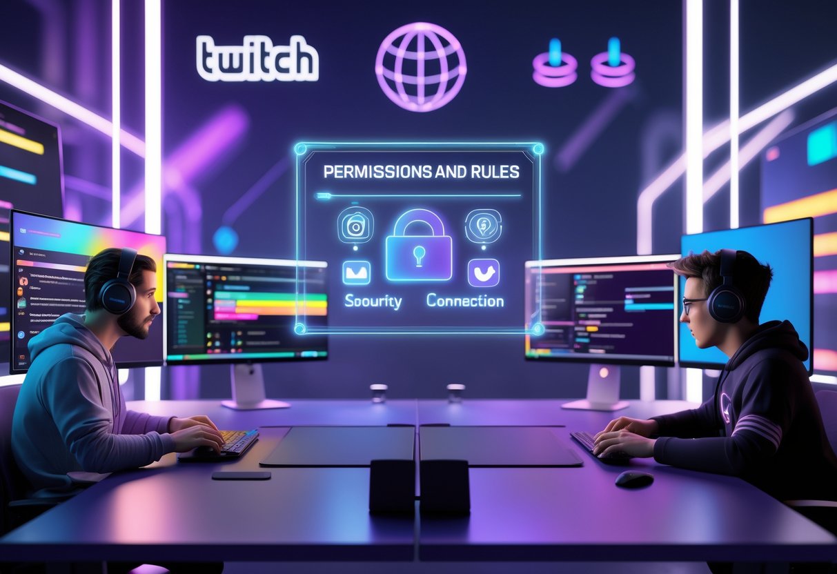 Two streamers sitting side by side at desks with multiple monitors showing streaming interfaces and a glowing holographic panel between them representing co-streaming permissions.