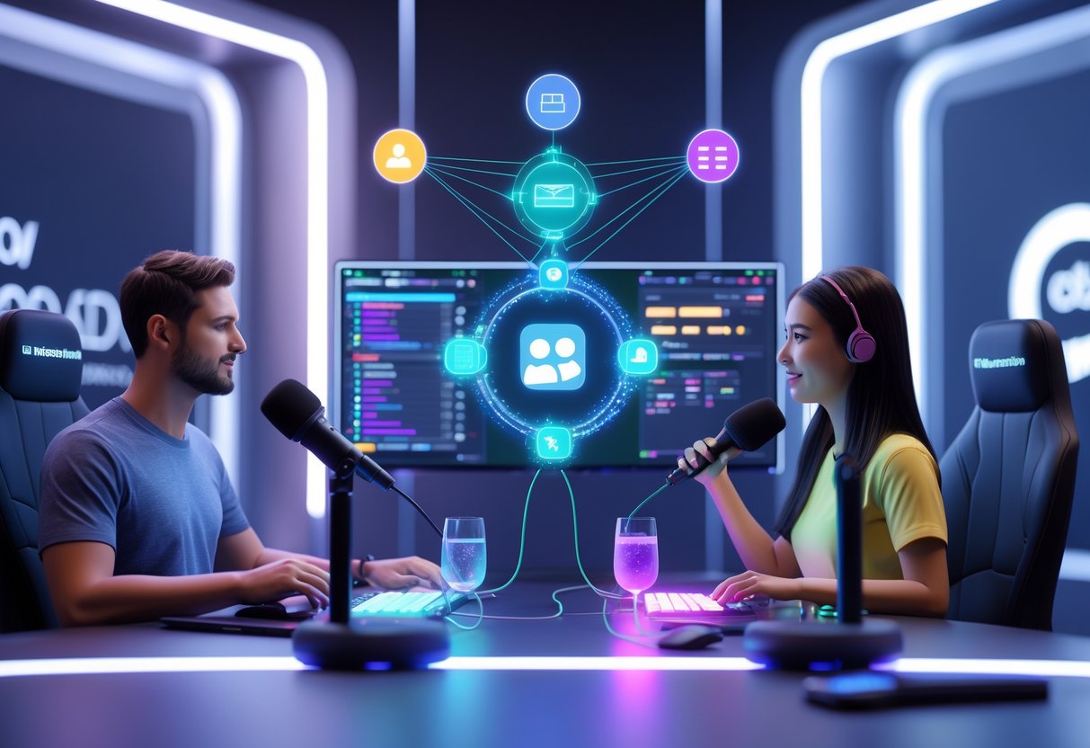 Two content creators working together at adjacent desks with streaming equipment and a holographic interface showing interconnected icons representing permissions and guidelines.