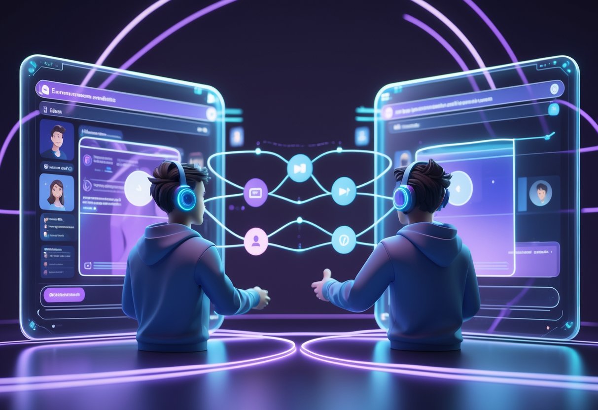 Two digital avatars connected by glowing lines and floating icons representing streaming tools and permissions in a futuristic digital environment.