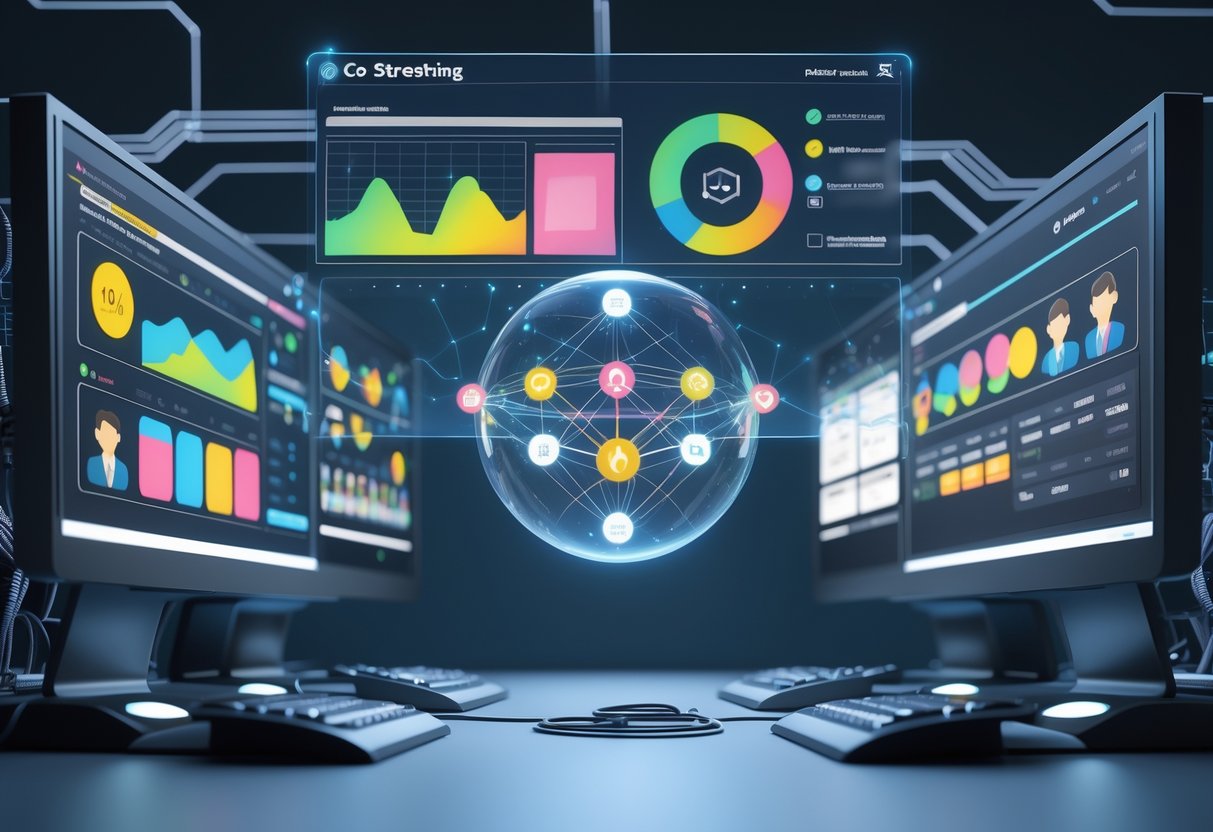 A 3D scene showing two computer workstations with multiple screens and a floating holographic interface displaying interconnected permission settings.