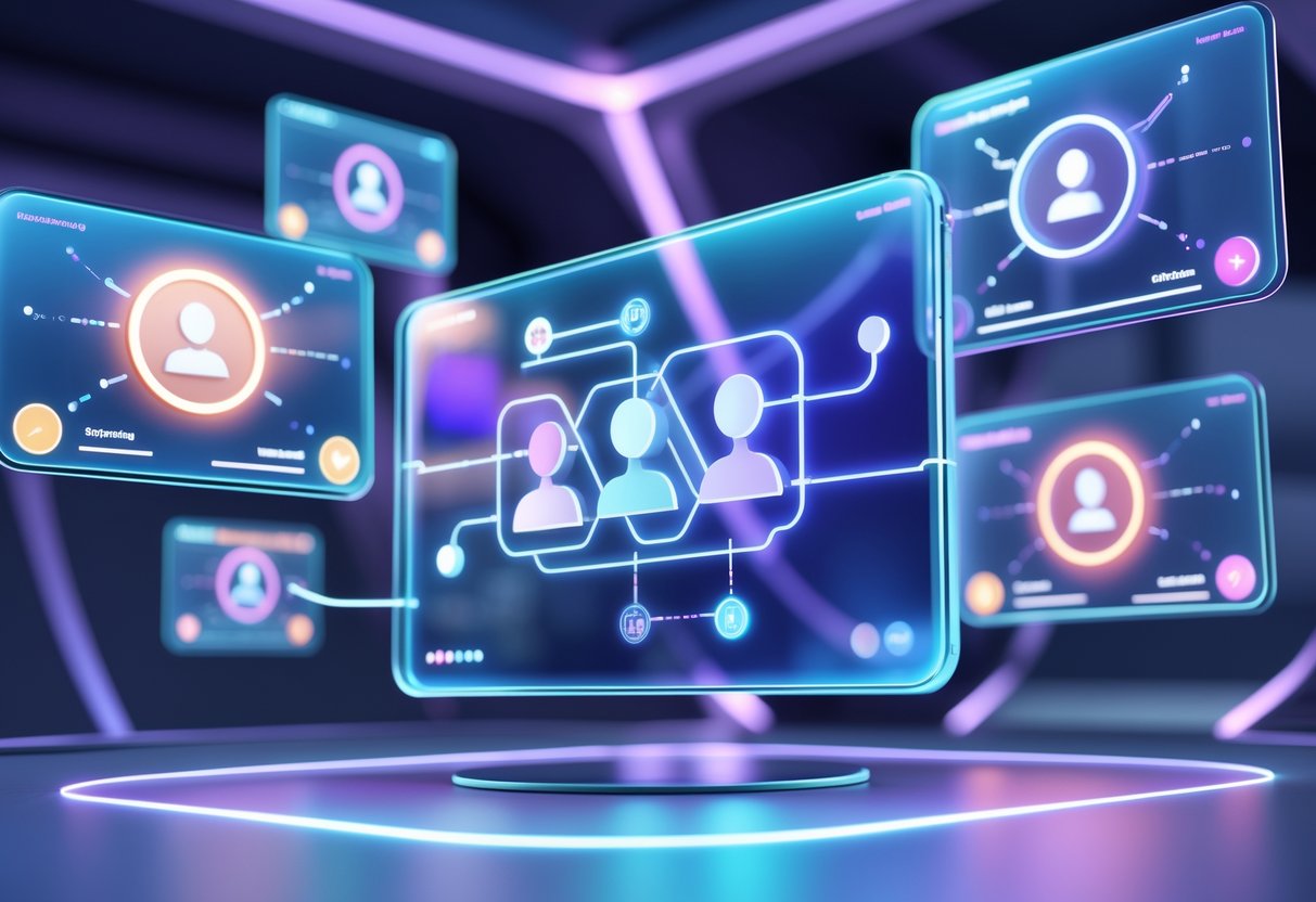 A 3D scene showing holographic screens with user icons and connection lines representing co-streaming permissions in a futuristic control room.