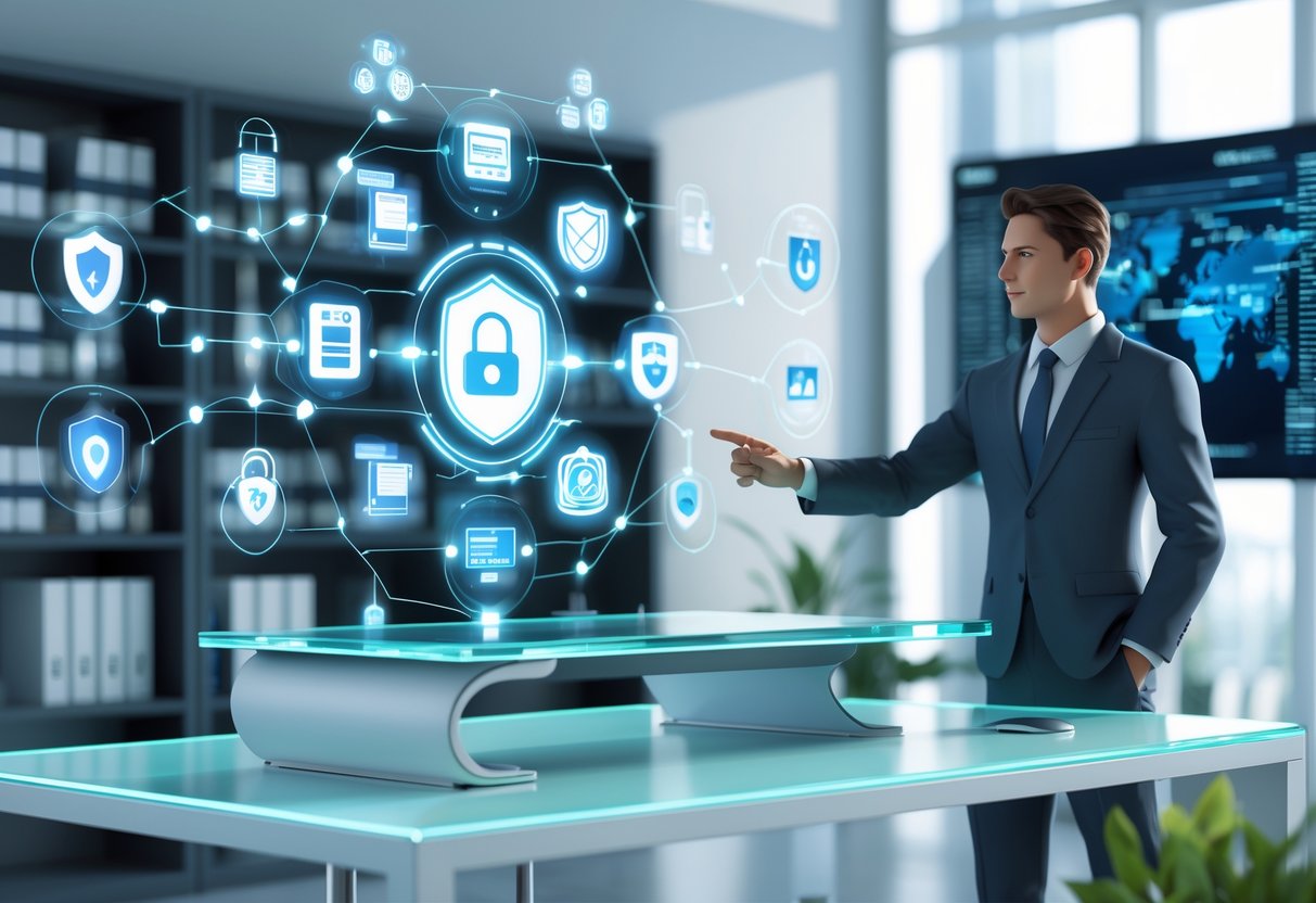 A person in a modern office interacting with holographic icons representing legal documents, copyright symbols, and streaming permissions.