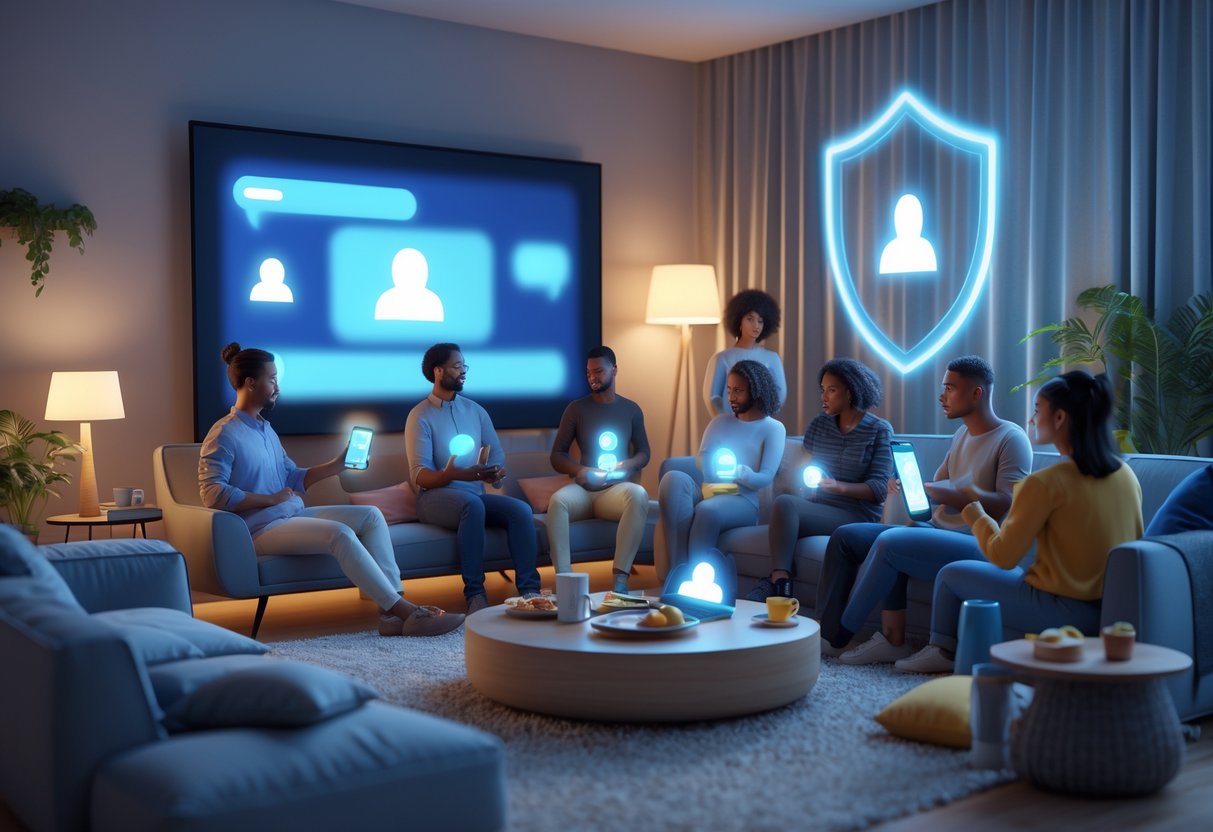 A living room with people using devices showing privacy icons, watching a screen with blurred chat messages, and a holographic shield symbol representing privacy.