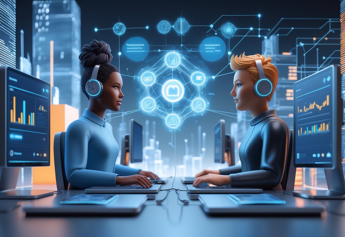 Two digital content creators at their streaming setups connected by a glowing holographic interface showing collaboration and monetisation symbols.