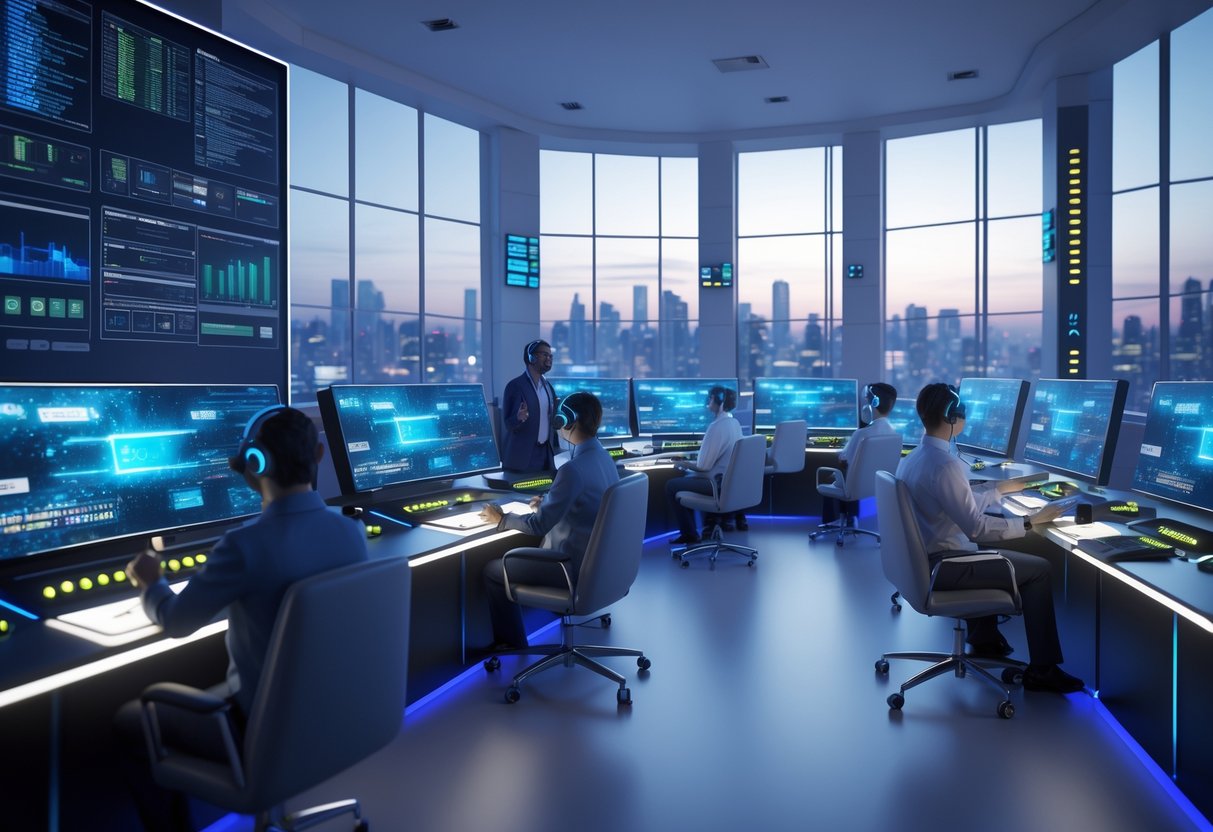 A control room with people monitoring multiple screens showing data and video feeds during a watch party.