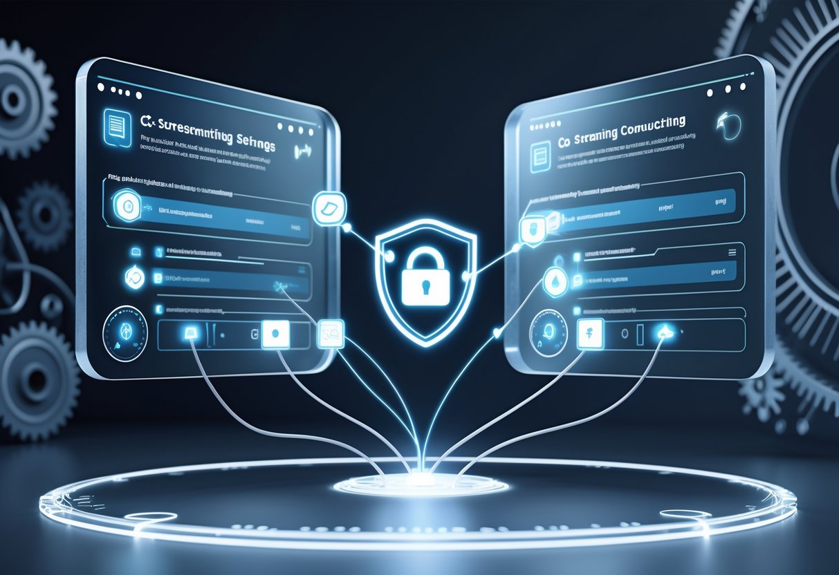 A 3D scene showing two floating holographic screens with permission settings and network icons, connected by a glowing shield symbolising security and data flow.