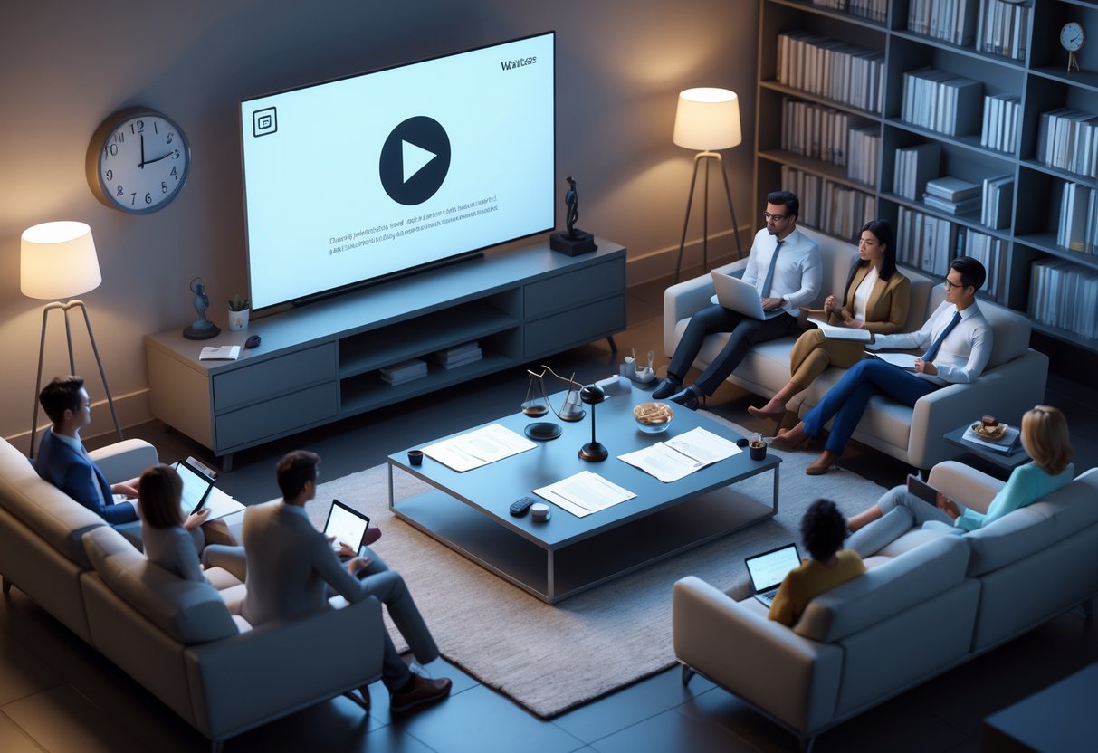 A group of people in a living room watching a screen and discussing legal and content guidelines with laptops and documents on a table.