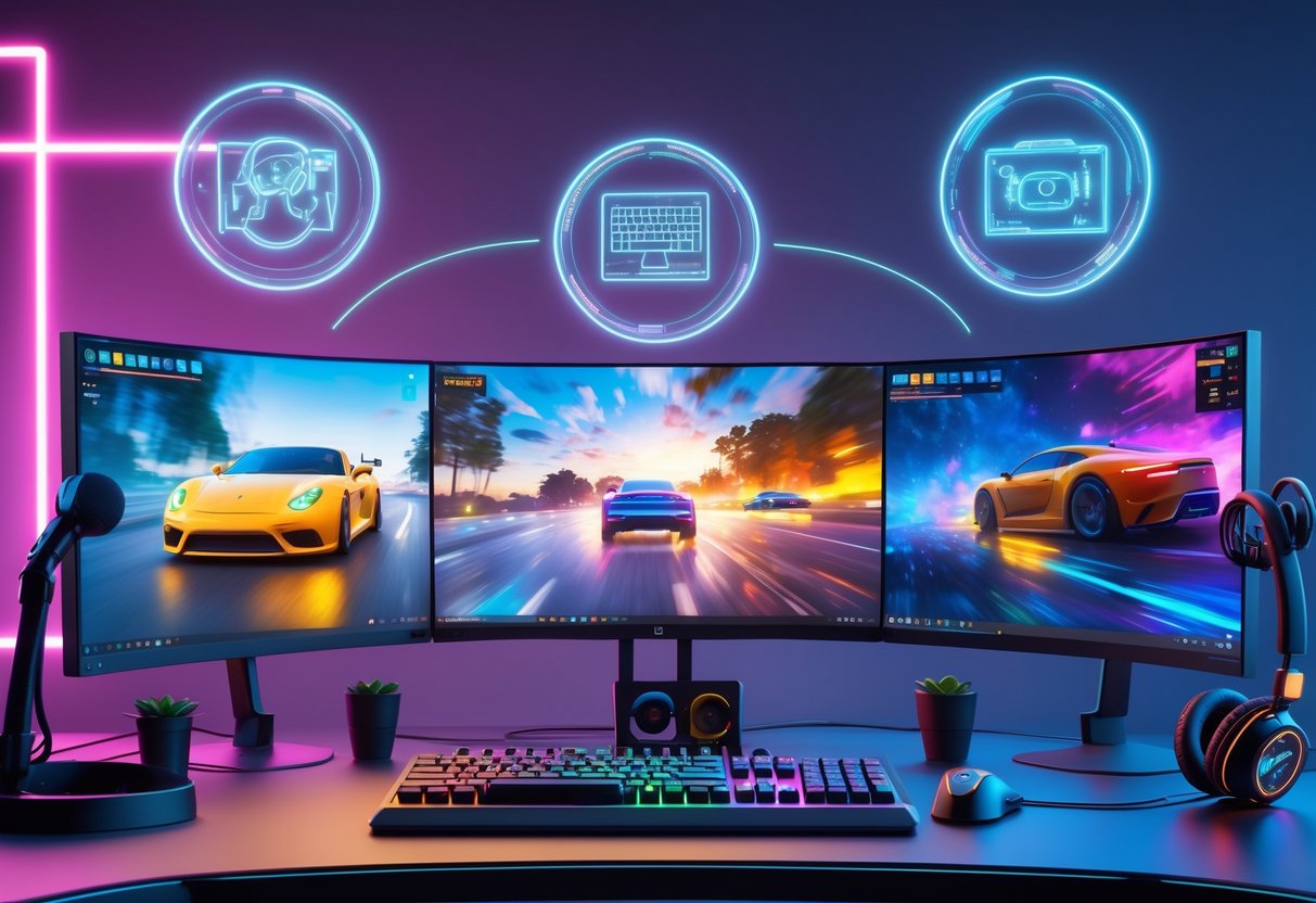 A 3D scene of a gaming desk with dual monitors showing colourful video game clips, surrounded by gaming accessories and glowing neon lights.