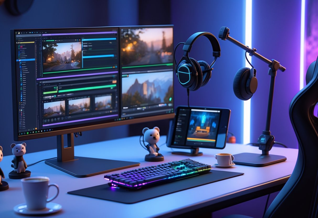 A gaming desk setup with multiple monitors showing video editing and game footage, surrounded by a microphone, keyboard, mouse, headphones, and a smartphone displaying a video app.