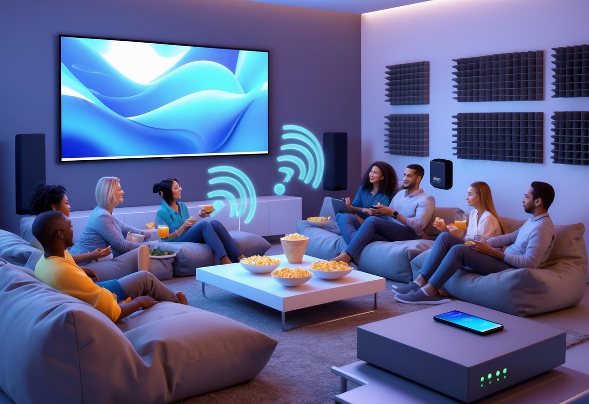 A living room with a large TV, people sitting on couches and bean bags, snacks on a table, and devices showing streaming apps, illustrating a watch party setup.