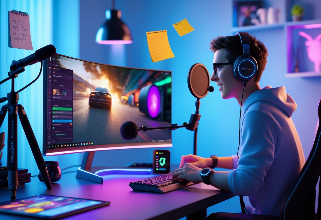 A gamer at a desk with a gaming PC, monitor, microphone, and camera, preparing to record short-form gaming content in a tidy room.