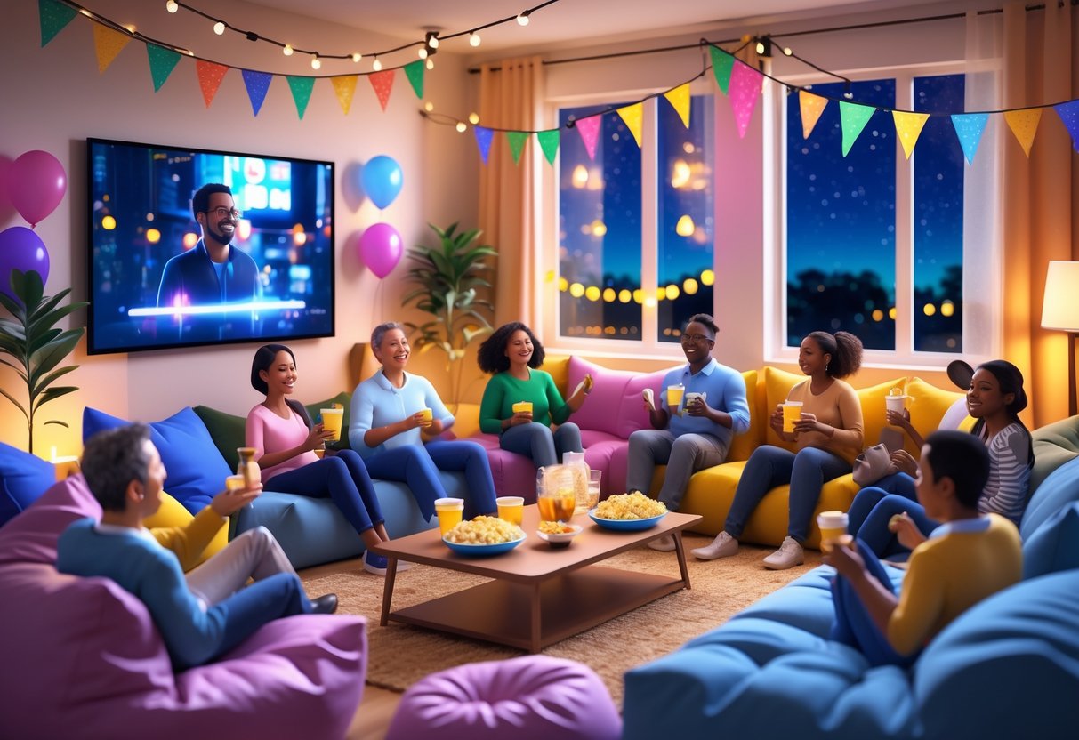 A living room with people sitting on sofas and bean bags watching a large TV, surrounded by festive decorations and snacks.
