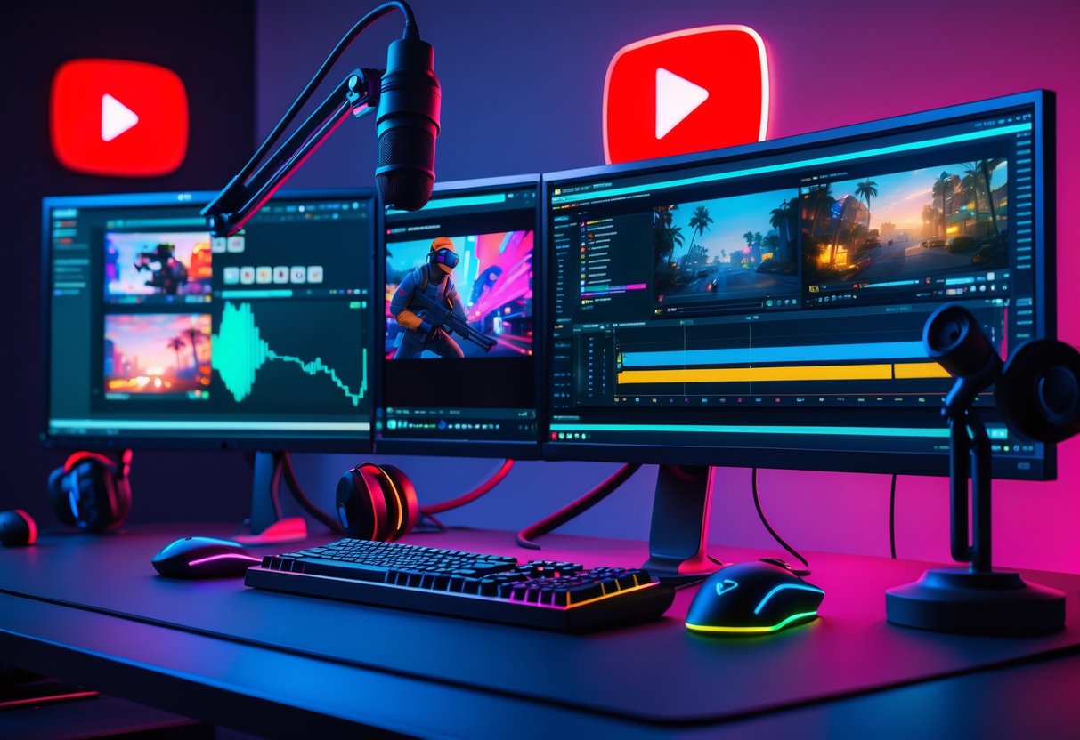 A gaming desk with multiple monitors showing video clips and editing software, a progress bar indicating upload, gaming keyboard and mouse, and a microphone in a colourful room.