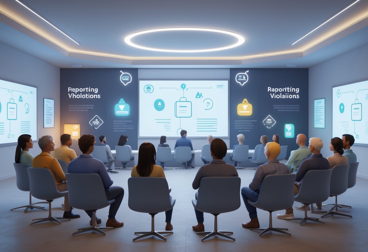 A group of people in a community room watching a large screen, engaged in a discussion about rules and cooperation.