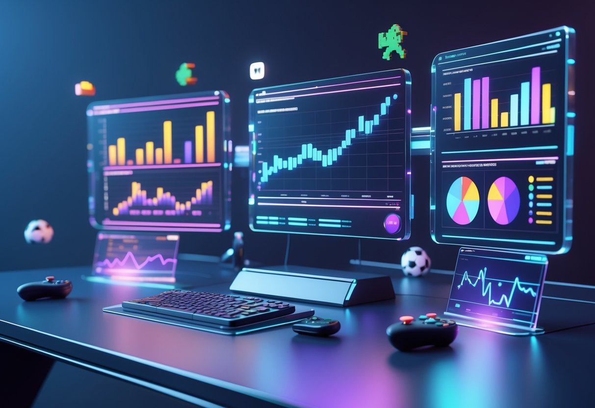 A 3D scene showing a futuristic desk with holographic screens displaying colourful charts and graphs analysing gaming video performance.